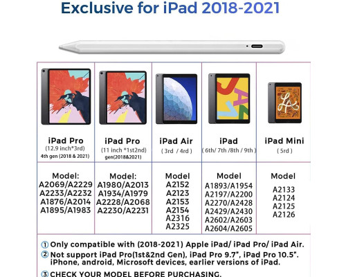 Стілус AICase для iPad з функцією блокування долонь, сумісний з Active Pencil (2018–2020 рр.), iPad Pro (11/12,9 дюйма), білий (my-13126)