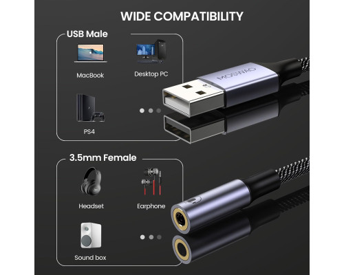 Адаптер MOSWAG USB аудіоадаптер для зовнішньої звукової карти з 3,5-мм стереоконвертером Aux, чорний (my-16072)