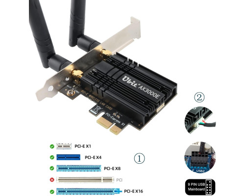 Wi-Fi-карта Ubit WiFi 6 AX3000E PCIE Max 2974 Мбіт/с, тридіапазонна (my-19004)