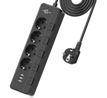 Мережевий фільтр KEPLUG 500J з 4 розетками та 3 портами USB (2,4 А), USB з 2-метровим шнуром для домашнього офісу (чорний) (my-13002)