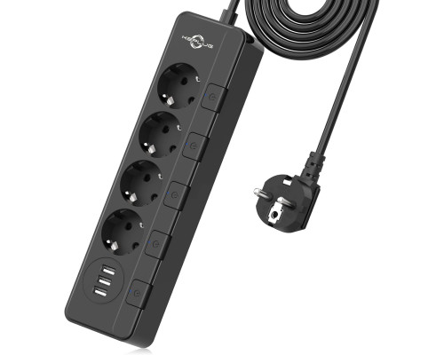 Мережевий фільтр KEPLUG 500J з 4 розетками та 3 портами USB (2,4 А), USB з 2-метровим шнуром для домашнього офісу (чорний) (my-13002)