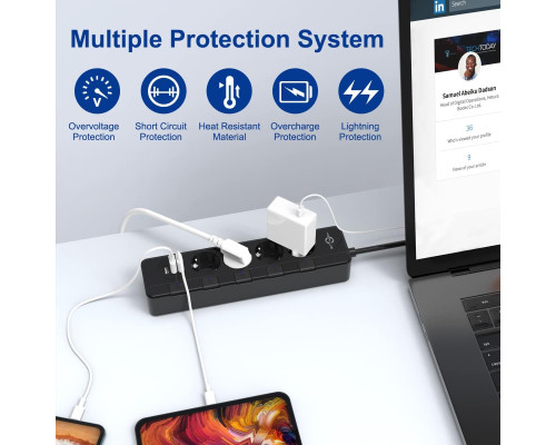 Мережевий фільтр KEPLUG 500J з 4 розетками та 3 портами USB (2,4 А), USB з 2-метровим шнуром для домашнього офісу (чорний) (my-13002)