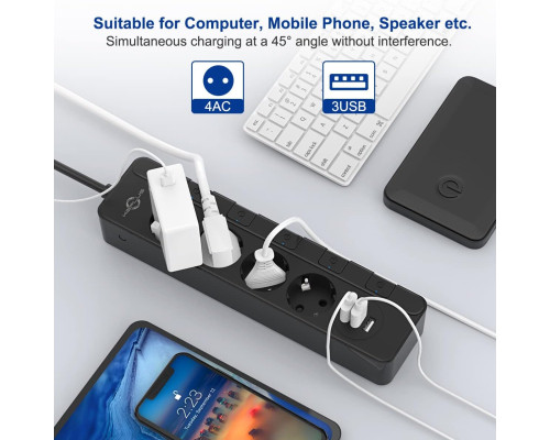 Мережевий фільтр KEPLUG 500J з 4 розетками та 3 портами USB (2,4 А), USB з 2-метровим шнуром для домашнього офісу (чорний) (my-13002)