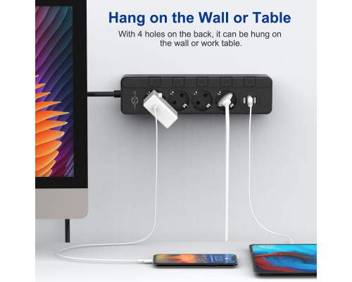 Мережевий фільтр KEPLUG 500J з 4 розетками та 3 портами USB (2,4 А), USB з 2-метровим шнуром для домашнього офісу (чорний) (my-13002)