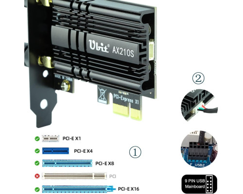 Мережа карта Ubit AX210S PCIe WiFi 6E Макс. швидкість 5374 Мбіт/с (my-19099)