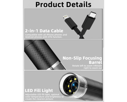 Цифровий USB-мікроскоп SinLaw SJXWJ-001, з 10-кратним збільшенням (200x), iOS, Android, чорний (my-19179)