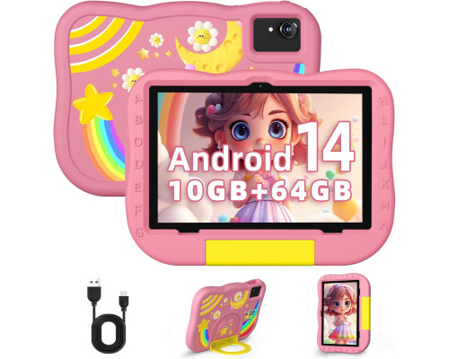 Дитячий планшет Rebecco K70i 10 дюймів Android 14 Octa-Core 6000 мАг акумулятор 10 ГБ ОЗУ 64 ГБ ПЗУ, рожевий (my-20027)