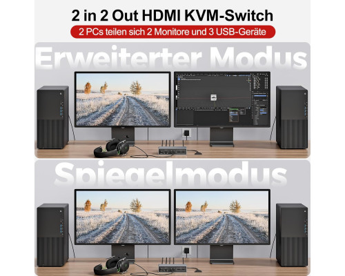 HDMI-KVM-перемикач Unitek SJW-KM202B для 2 моніторів та 2 комп'ютерів, 4K при 144 Гц (my-20140)