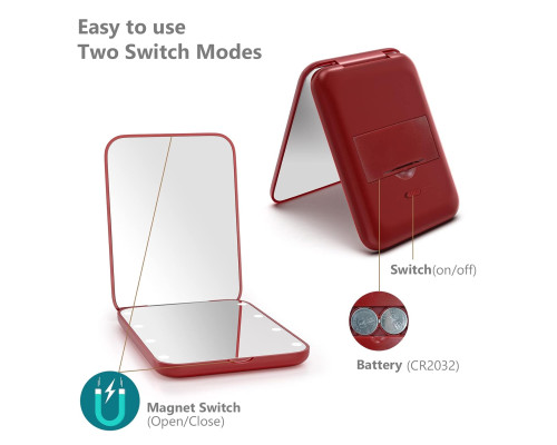 Компактне світлодіодне дзеркало дорожнє Kintion MR-L2307 для макіяжу, винно-червоний (my-20195)