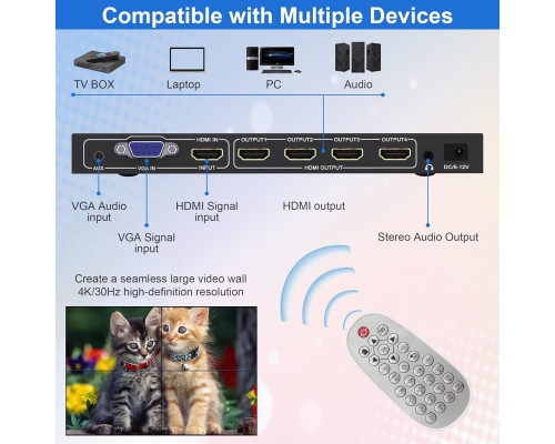 Контролер відеостіни 2x2 Clickfish VW-HDMI204-F з можливістю поєднання 4 телевізорів, чорний (my-20072)