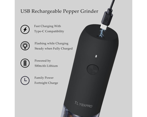 Набір електричних млинів TLYSXPRO PM-003A для солі та перцю, зарядка через USB, чорний (my-20139)