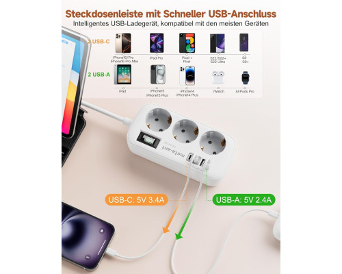 Мережевий подовжувач Meta-Ant 6188-1.5M з USB 3,4 А, 17 Вт, білий (my-20097)