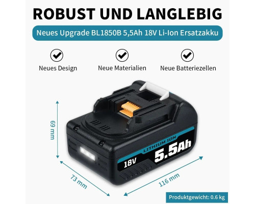 Акумулятор HOMEDAS 5,5 Ah 18V Li-ion для Makita BL1850B з індикатором рівня заряду (my-21143)