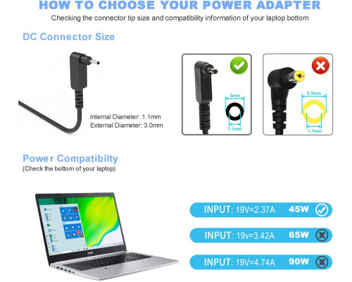 Зарядний пристрій Quekawi DL45190237 для ноутбука потужністю 45 Вт, сумісний з Acer, чорний (my-21125)