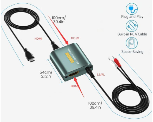 Аналоговий аудіоадаптер Hdiwousp HDMI-HDMI 3,5 мм AUX L/R Stereo (3175)