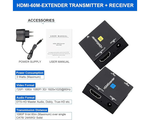HDMI-подовжувач Ozvavzk MO-MINI YCQ-01 60 м 1080P @ 60 Гц Ethernet (3171)