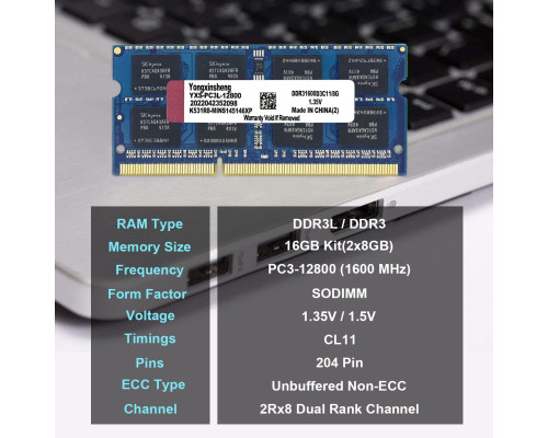 Комплект пам'яті 16 ГБ (2x8 ГБ) Yongxinsheng DDR3L / DDR3 RAM 1600 MHz (5127)