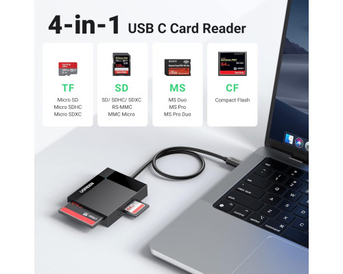 Зчитувач карт пам'яті UGREEN USB C 4-в-1, адаптер для карт пам'яті SD Micro SD MS CF Compact Flash, сумісний з iPhone 15, чорний (0015)