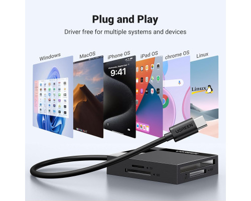 Зчитувач карт пам'яті UGREEN USB C 4-в-1, адаптер для карт пам'яті SD Micro SD MS CF Compact Flash, сумісний з iPhone 15, чорний (0015)