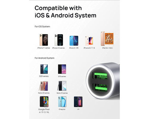 Автомобільний зарядний пристрій 36 Вт JSAUX Metal Dual QC 3.0 з кабелем USB-C 3,3 фути (my-12102)