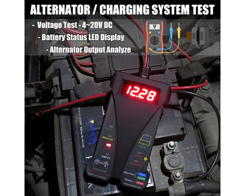 Цифровий автомобільний акумуляторний тестер MOTOPOWER MP0514A 12 В, вольтметр та аналізатор системи заряджання з РК-дисплеєм та світлодіодною індикацією (my-15085)