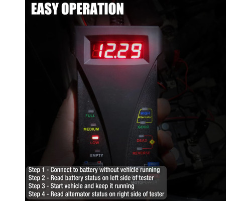 Цифровий автомобільний акумуляторний тестер MOTOPOWER MP0514A 12 В, вольтметр та аналізатор системи заряджання з РК-дисплеєм та світлодіодною індикацією (my-15085)