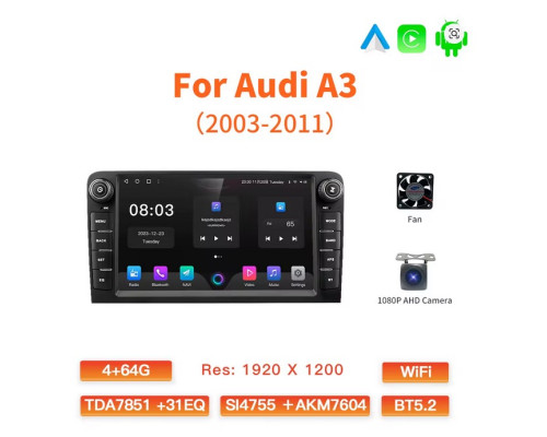 Автомобільна магнітола для Audi A3 8P S3 2003-2012 RS3 Sportback з GPS/CarPlay Android 12  (my-17095)