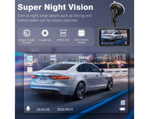 Відеореєстратор Miden S7 2.5K спереду та ззаду, нічне бачення, екран IPS 3.2'' дюйма, ширококутний об'єктив 176 ° +160 °, цілодобовий режим паркування чорний (my-12015)
