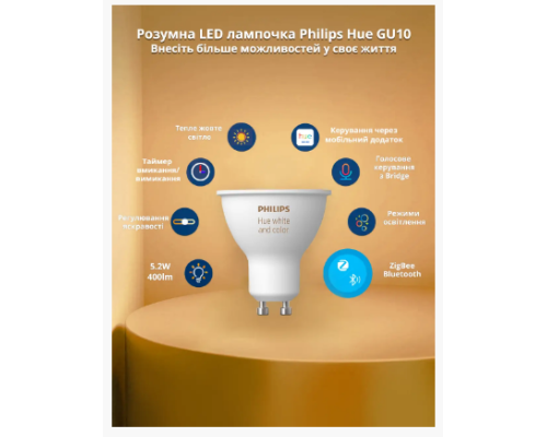 Світлодіодна лампочка Philips Hue White GU10 400лм 57Вт ZigBee 5.2W, Bluetooth, Apple HomeKit (my-4288)