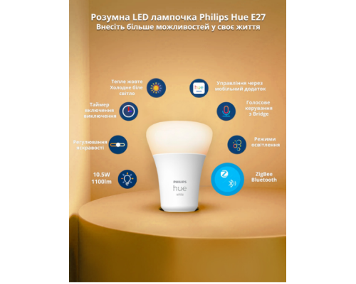 Розумна LED лампочка Philips Hue E27 White 1100лм 75Вт 9.5W, ZigBee, Bluetooth (my-4287)