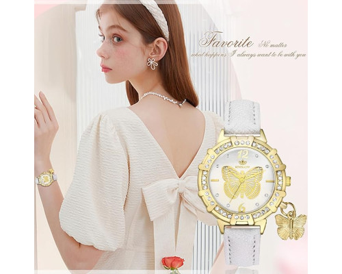 Наручний круглий аналоговий кварцовий годинник із зображенням метелика JewelryWe JW357P0009 для жінок, білі (my-15234)