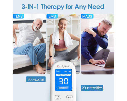 М'язовий стимулятор для зняття болю Comfytemp Wireless TENS Unit з дистанційним керуванням, портативний пристрій, 30 режимів, 4 накладки (my-14017)
