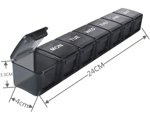 Портативна довга прозора таблетниця Csheng Pill Box 7 Day, розділена коробка для таблеток на 7 днів, чорна (my-14116)