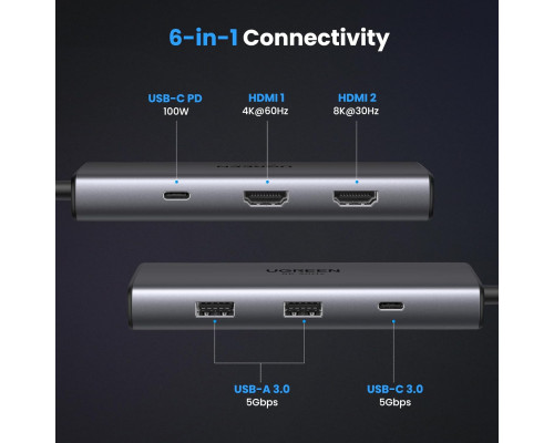 Концентратор UGREEN 15852 6 в 1 USB C Hub для Dell XPS, ThinkPad та інших пристроїв Grey (my-2079)