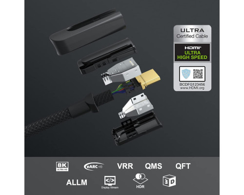 Сертифікований кабель FIBBR 8K HDMI 2.1, 8K@60 Гц 4K@120 Гц 48 Гбіт/с, надшвидкісний кабель HDMI, UHD eARC Dolby Vision HDR10+ HDCP, 2м (my-12032)
