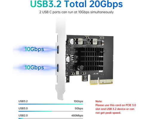Карта розширення ELUTENG USB C PCIe з 2 портами 2 x 10 Гбіт/с, сумісна з PCIE X4/X8/X16, PCI-E USB C 3.2 Gen2 20 Гбіт/с з радіатором великої площі (my-12036)