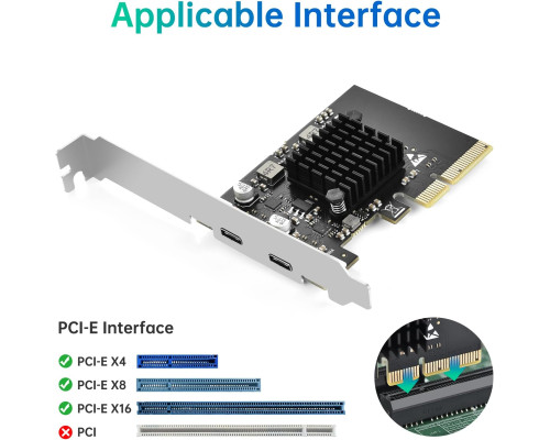 Карта розширення ELUTENG USB C PCIe з 2 портами 2 x 10 Гбіт/с, сумісна з PCIE X4/X8/X16, PCI-E USB C 3.2 Gen2 20 Гбіт/с з радіатором великої площі (my-12036)