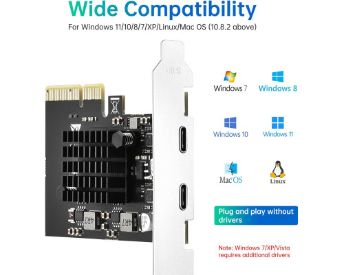 Карта розширення ELUTENG USB C PCIe з 2 портами 2 x 10 Гбіт/с, сумісна з PCIE X4/X8/X16, PCI-E USB C 3.2 Gen2 20 Гбіт/с з радіатором великої площі (my-12036)