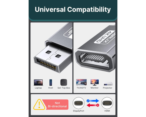 Адаптер JSAUX 4K DisplayPort - HDMI однонаправлений адаптер "тато - мама" сірий 2 штук (my-15012)