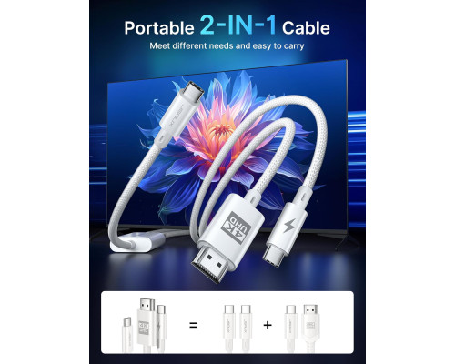 Кабель 2-в-1 Type C - HDMI 4K з портом зарядки PD 100 Вт JSAUX CV0057, сумісний з Thunderbolt 3, iPhone, MacBook, Samsung, iMac, iPad, Surface-White (my-15022)