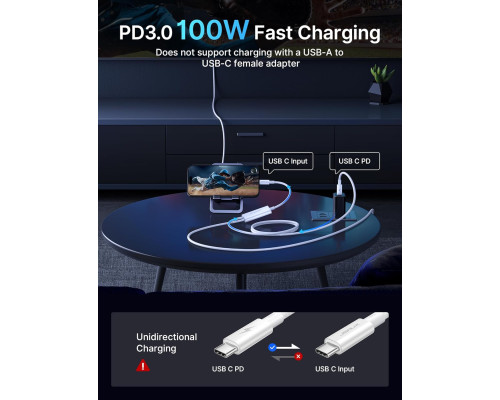 Кабель 2-в-1 Type C - HDMI 4K з портом зарядки PD 100 Вт JSAUX CV0057, сумісний з Thunderbolt 3, iPhone, MacBook, Samsung, iMac, iPad, Surface-White (my-15022)