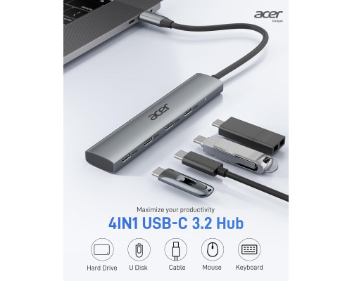 USB - хаб Acer ODK3D0 USB C, розгалужувач USB-C 10 Гбіт/с з 4 портами USBC 3.2, високошвидкісний багатопортовий адаптер, сірий (my-15105)