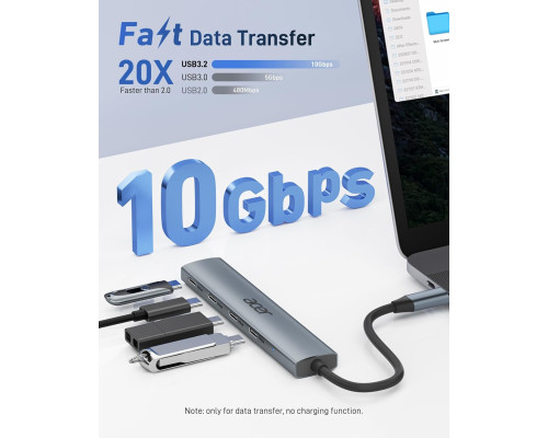 USB - хаб Acer ODK3D0 USB C, розгалужувач USB-C 10 Гбіт/с з 4 портами USBC 3.2, високошвидкісний багатопортовий адаптер, сірий (my-15105)