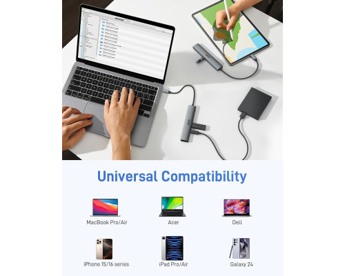 USB - хаб Acer ODK3D0 USB C, розгалужувач USB-C 10 Гбіт/с з 4 портами USBC 3.2, високошвидкісний багатопортовий адаптер, сірий (my-15105)