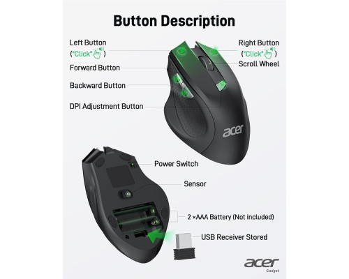 Бездротова ергономічна миша Acer OMR240 2,4 ГГц з міні-USB-приймачем, 6 кнопок, 1600 dpi (my-15107)