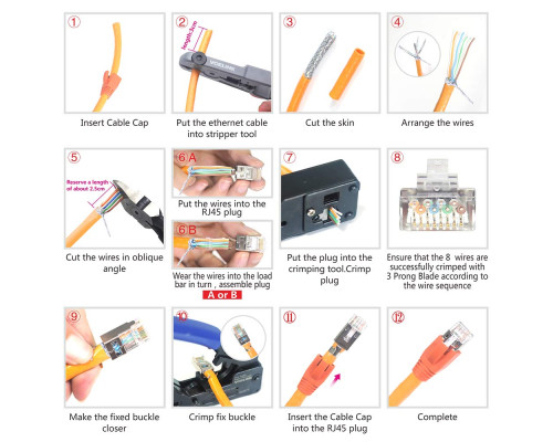 Екранований мережевий роз'єм VCELINK Gen 2 RJ45 Cat7 Cat6A кабель з навантажувальною планкою та захисними ковпачками (my-15043)