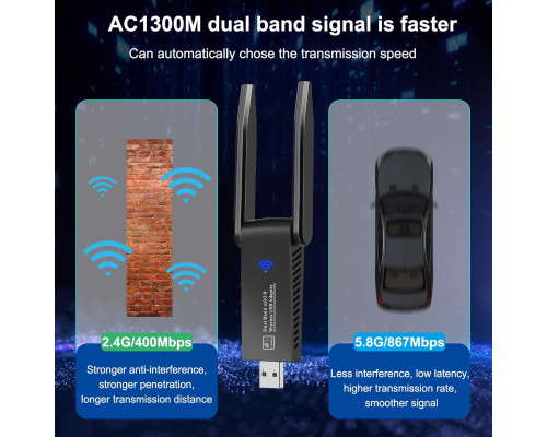 WLAN-адаптер AC1300M USB 3.0 з високим коефіцієнтом посилення Wodgreat FR-1300M (my-17163)