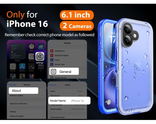 Водонепроникний, пилозахисний чохол Cozycase для iPhone 16 IP68, 2 м захист від падінь, синій (my-12177)